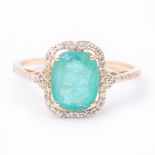 2.03 Ct Cushion Mixed Cut Natural Emerald 14K Gold Ring