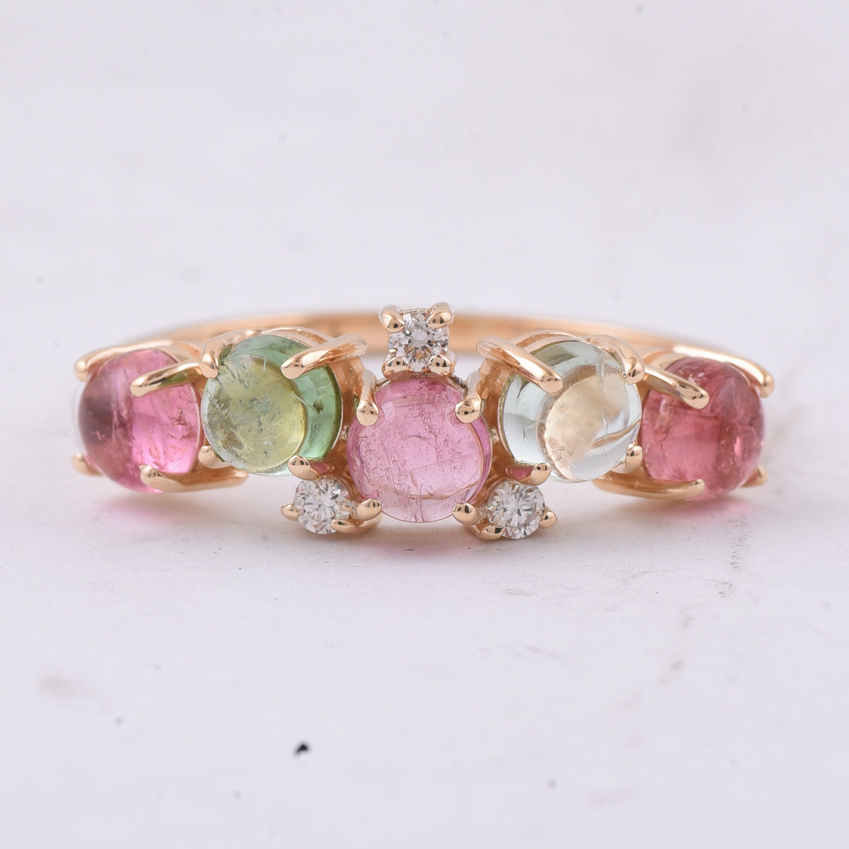 1.83 Ct Round Cabochon Cut Natural Multi Coloured Tourmaline 14K Gold Ring