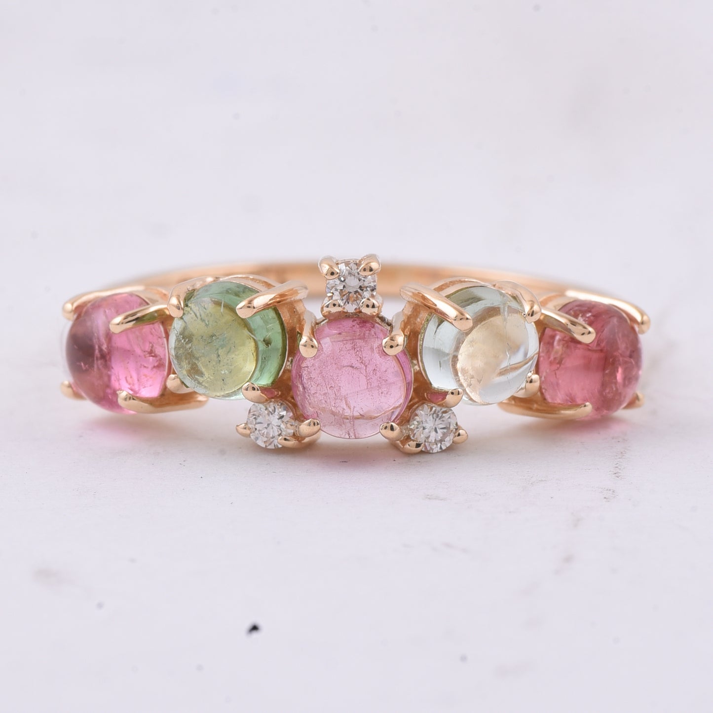 1.83 Ct Round Cabochon Cut Natural Multi Coloured Tourmaline 14K Gold Ring