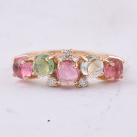 1.83 Ct Round Cabochon Cut Natural Multi Coloured Tourmaline 14K Gold Ring