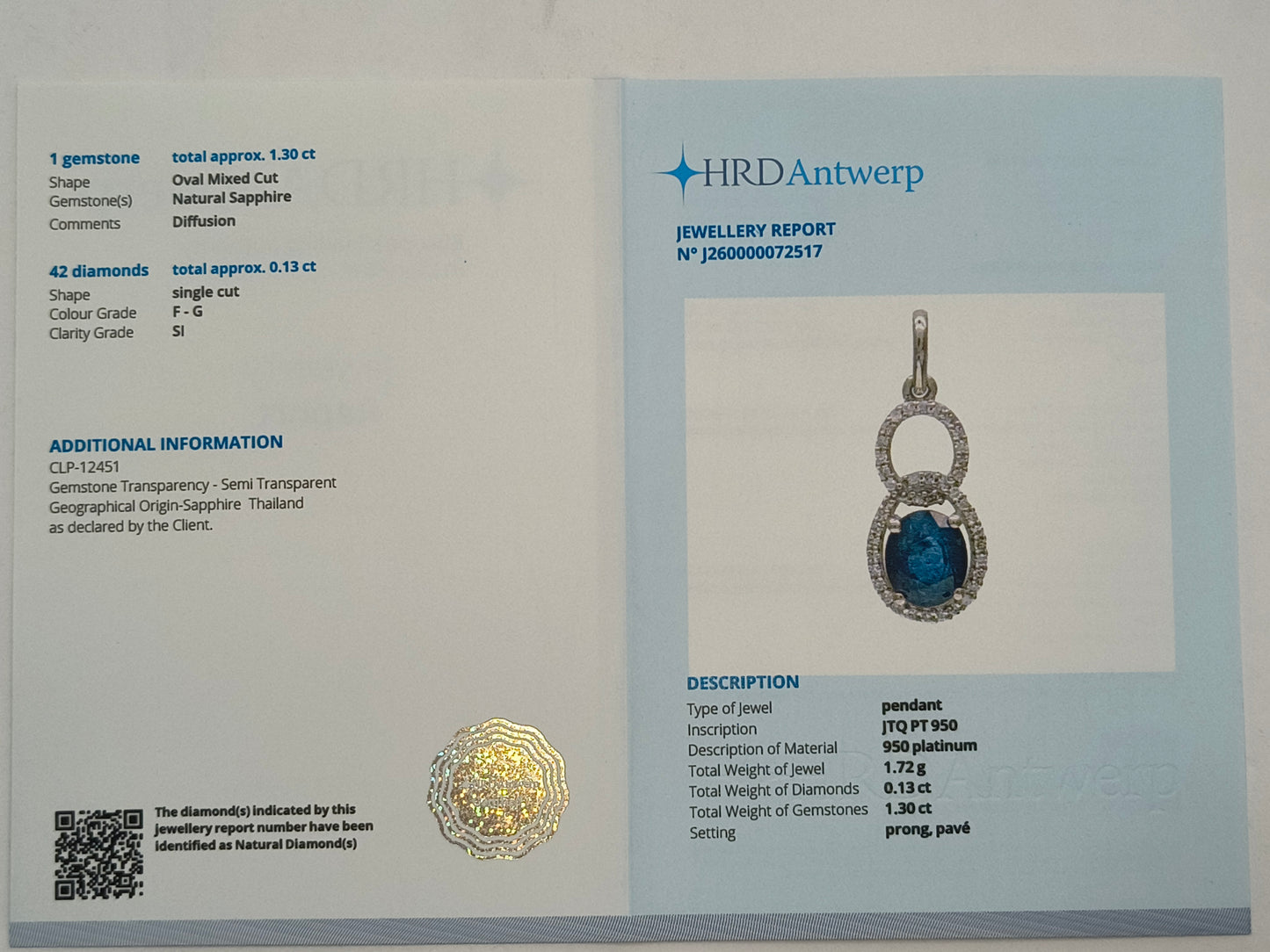 1.43 Ct Oval Mixed Cut Natural Sapphire 950 Platinum Pendant
