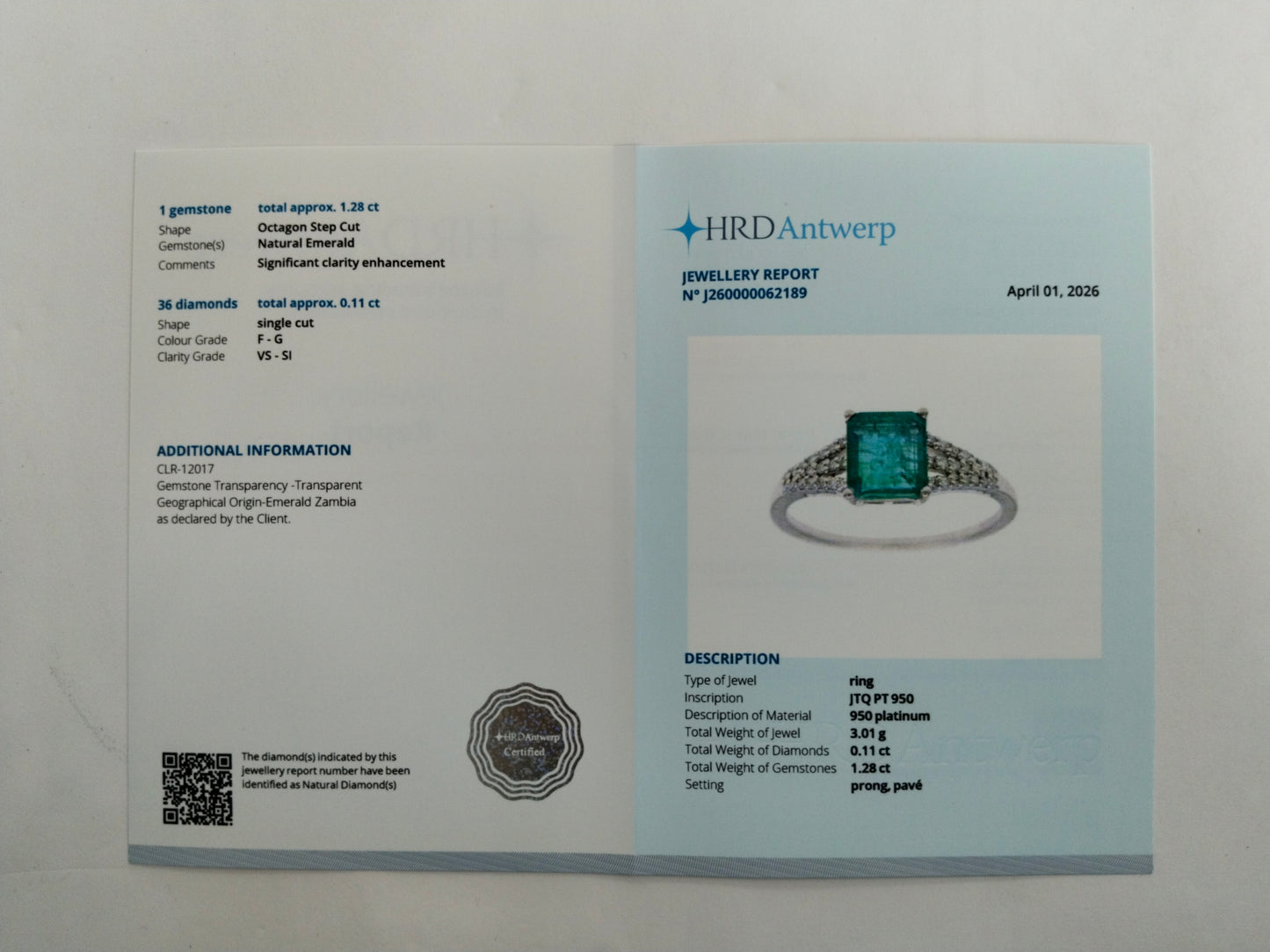 1.39 Ct Octagon Step Cut Natural Emerald 950 Platinum Ring
