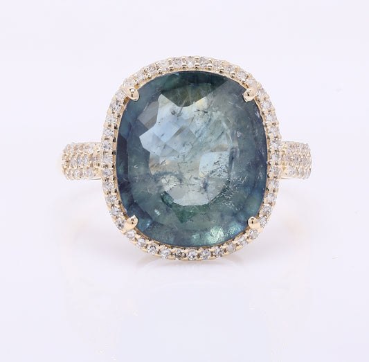 8.76 Ct Cushion Mixed Cut Natural Sapphire 14K Gold Ring