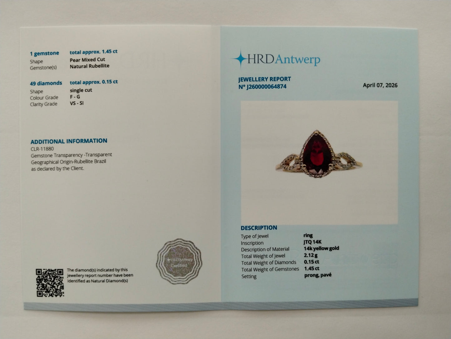 1.60 Ct Pear Mixed Cut Natural Rubellite 14K Gold Ring