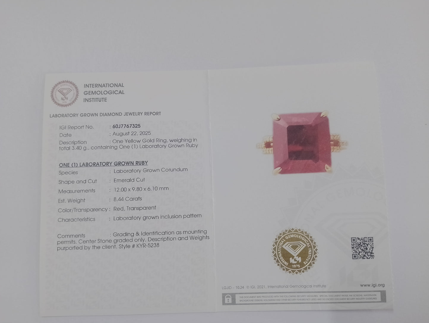 8.50 Ct Emerald Cut Lab Grown Ruby 14K Gold Ring
