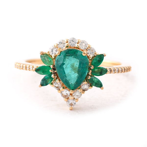 1.41 Ct Pear Mixed Cut, Marquise Mixed Cut Natural Emerald 14K Gold Ring