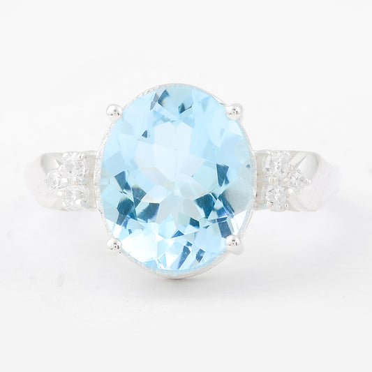 5.43 Ct Oval Swiss Blue Topaz, Cubic Zirconia, 925 Sterling Silver Ring