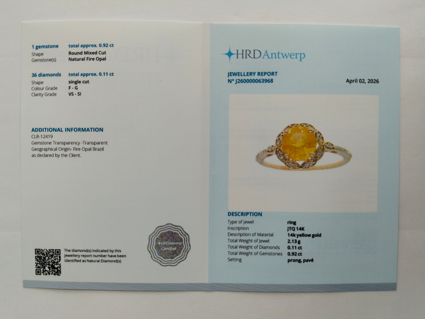 1.03 Ct Round Mixed Cut Natural Fire Opal 14K Gold Ring