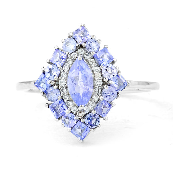 1.36 Ct Marquise Mixed Cut, Square Step Cut, Round Mixed Cut Natural Tanzanite 950 Platinum Ring