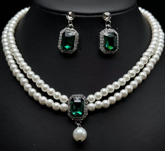 Imitation Pearl & Imitation Emerald Gold Plated Brass Necklace