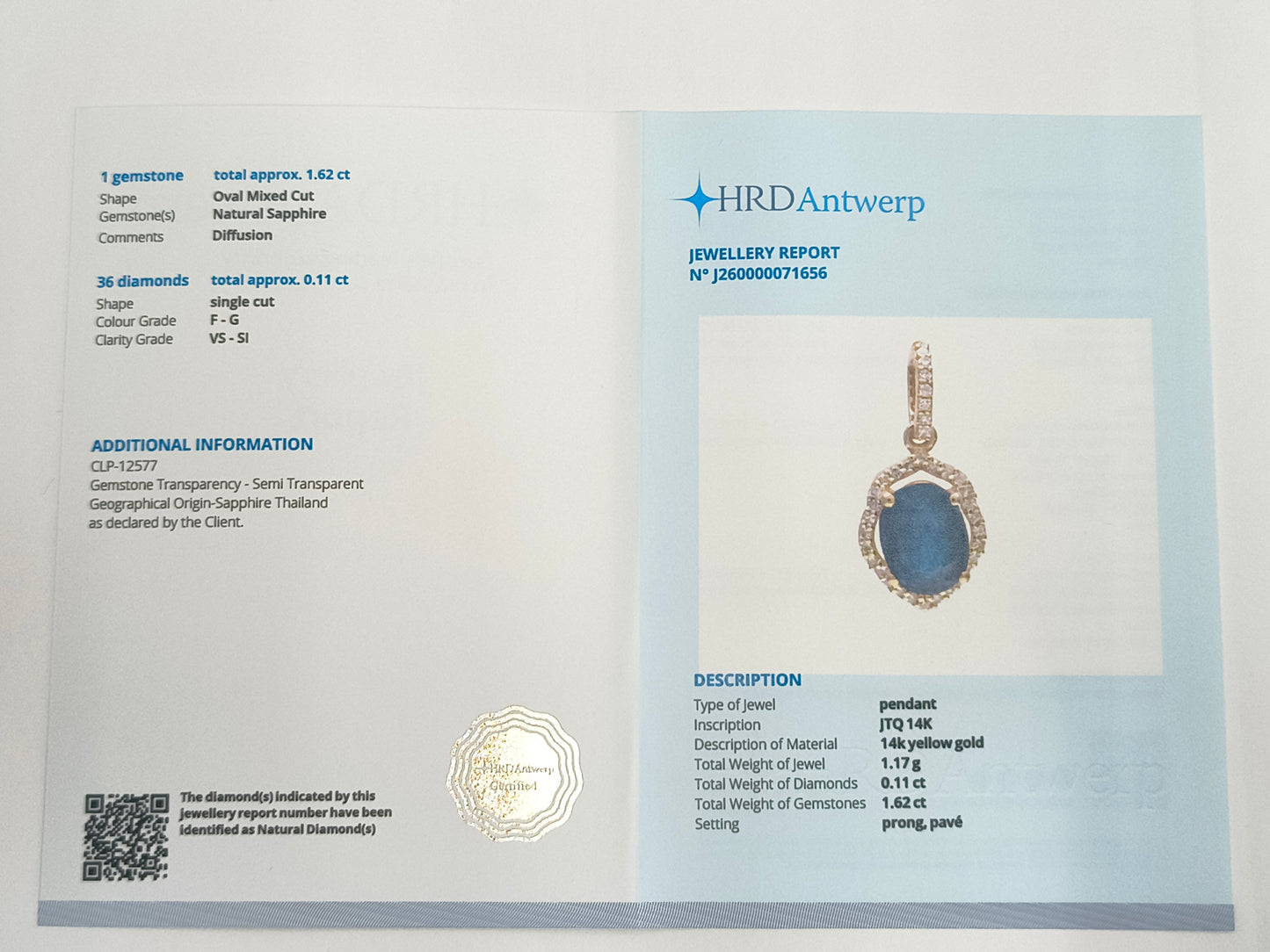 1.73 Ct Oval Mixed Cut Natural Sapphire 14K Gold Pendant