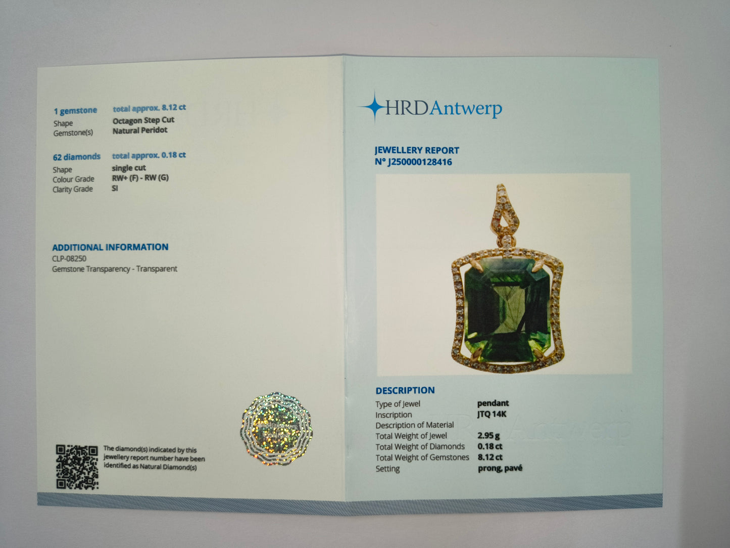 8.30 Ct Octagon Natural Eridot 14K Gold Pendant