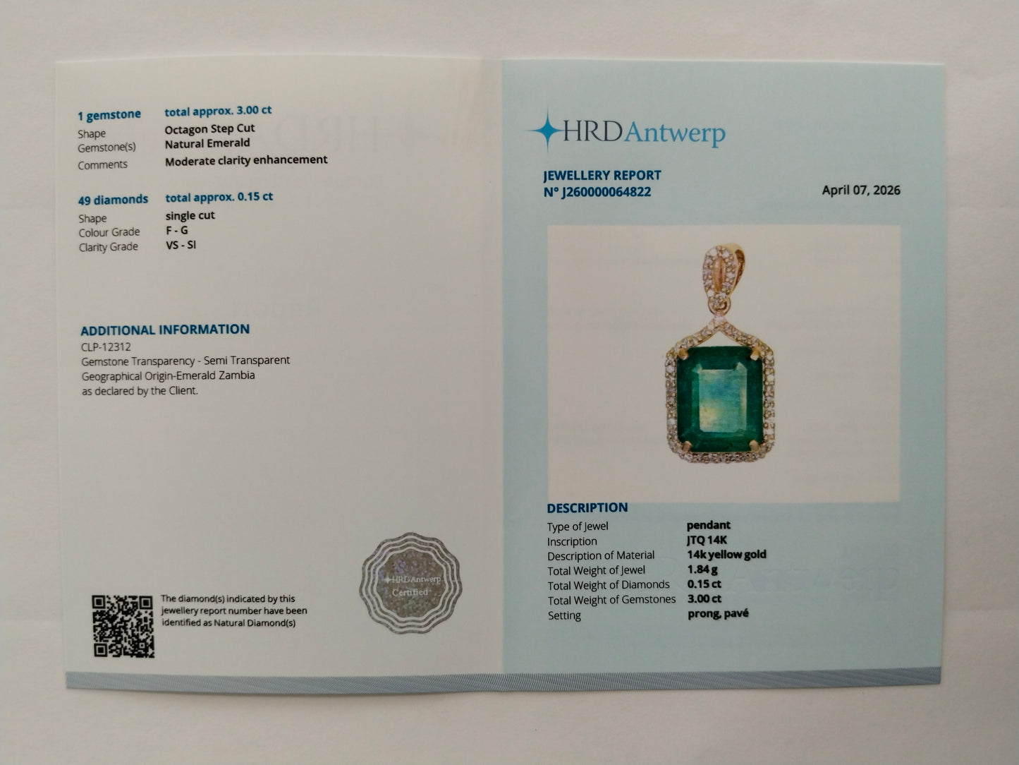 3.15 Ct Octagon Step Cut Natural Emerald 14K Gold Pendant
