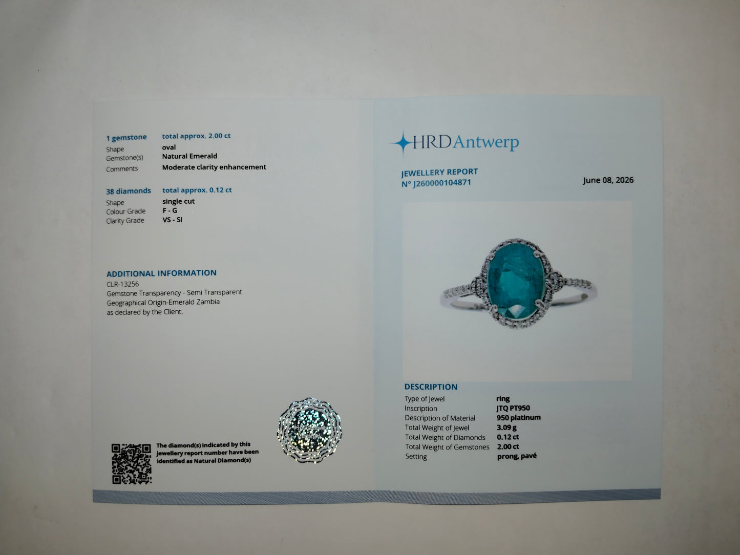 2.12 Ct Oval Mixed Cut Natural Emerald 950 Platinum Ring