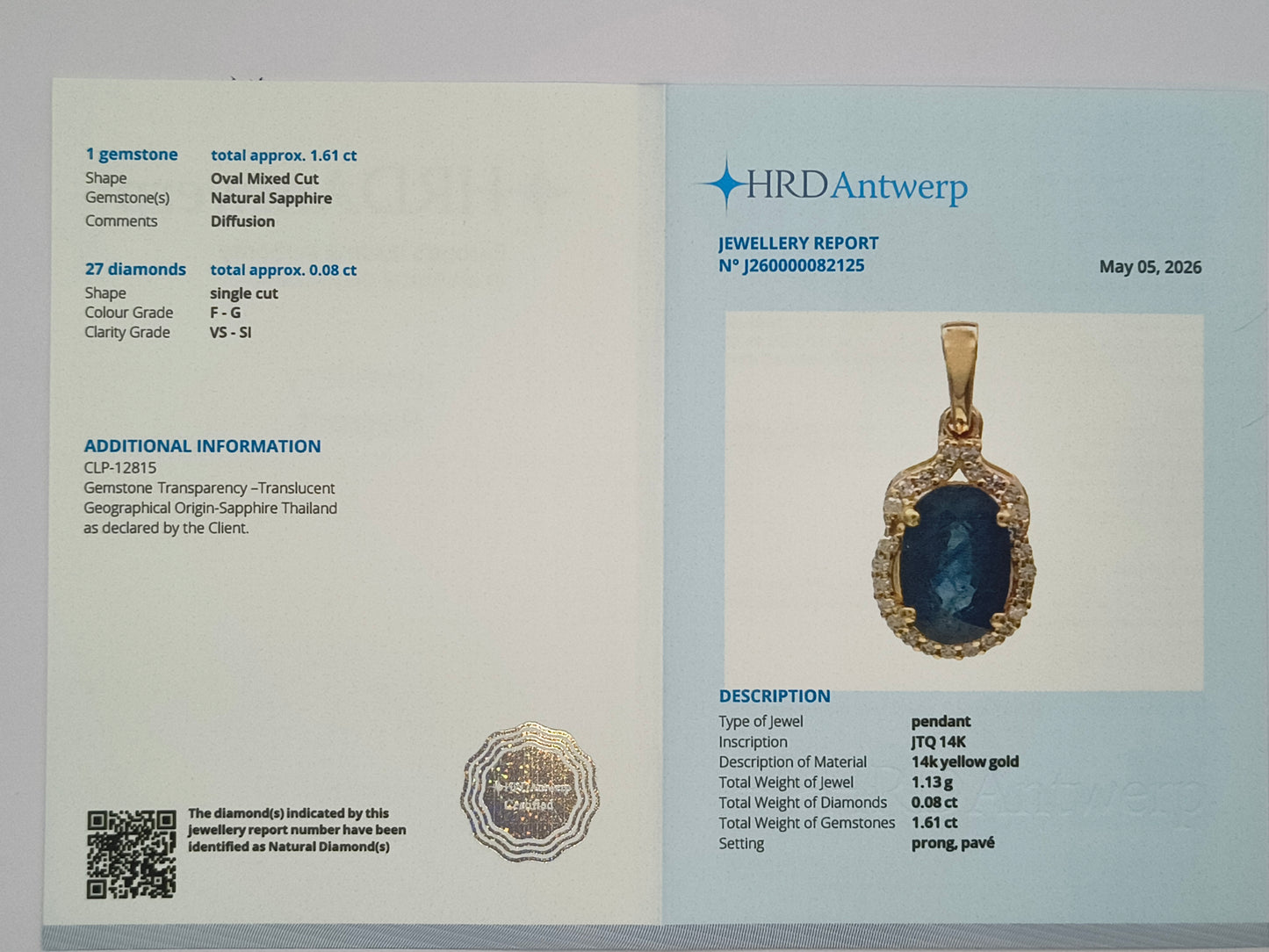 1.69 Ct Oval Mixed Cut Natural Sapphire 14K Gold Pendant