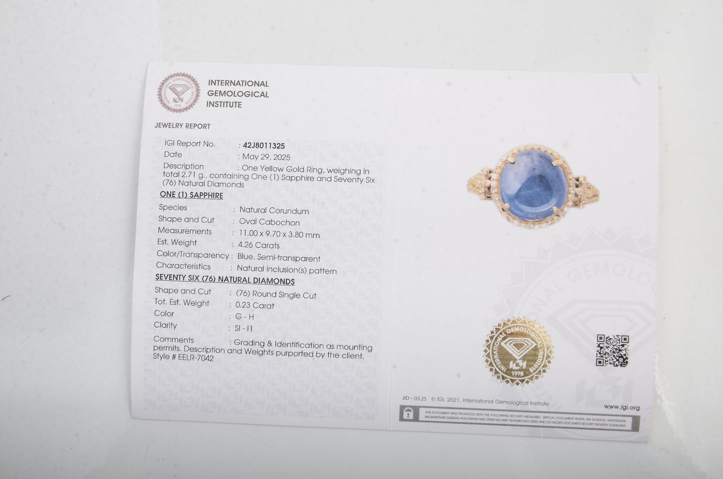 4.49 Ct Oval Cabochon Natural Corunum Sapphire 14K Gold Ring