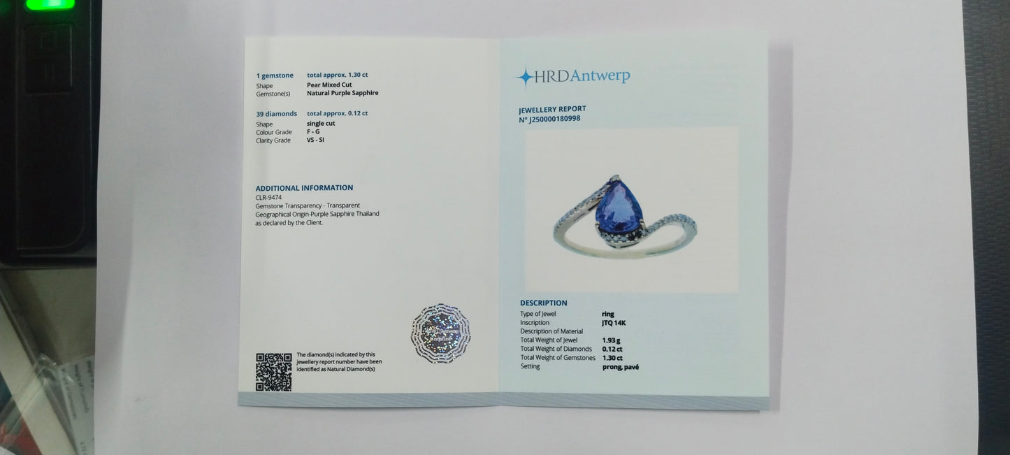 1.42 Ct Pear Mixed Cut Natural Purple Sapphire 14K Gold Ring