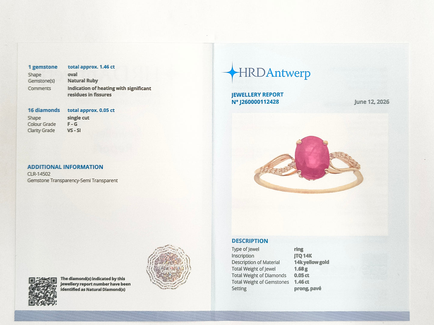 1.51 Ct Oval Natural Ruby 14K Gold Ring