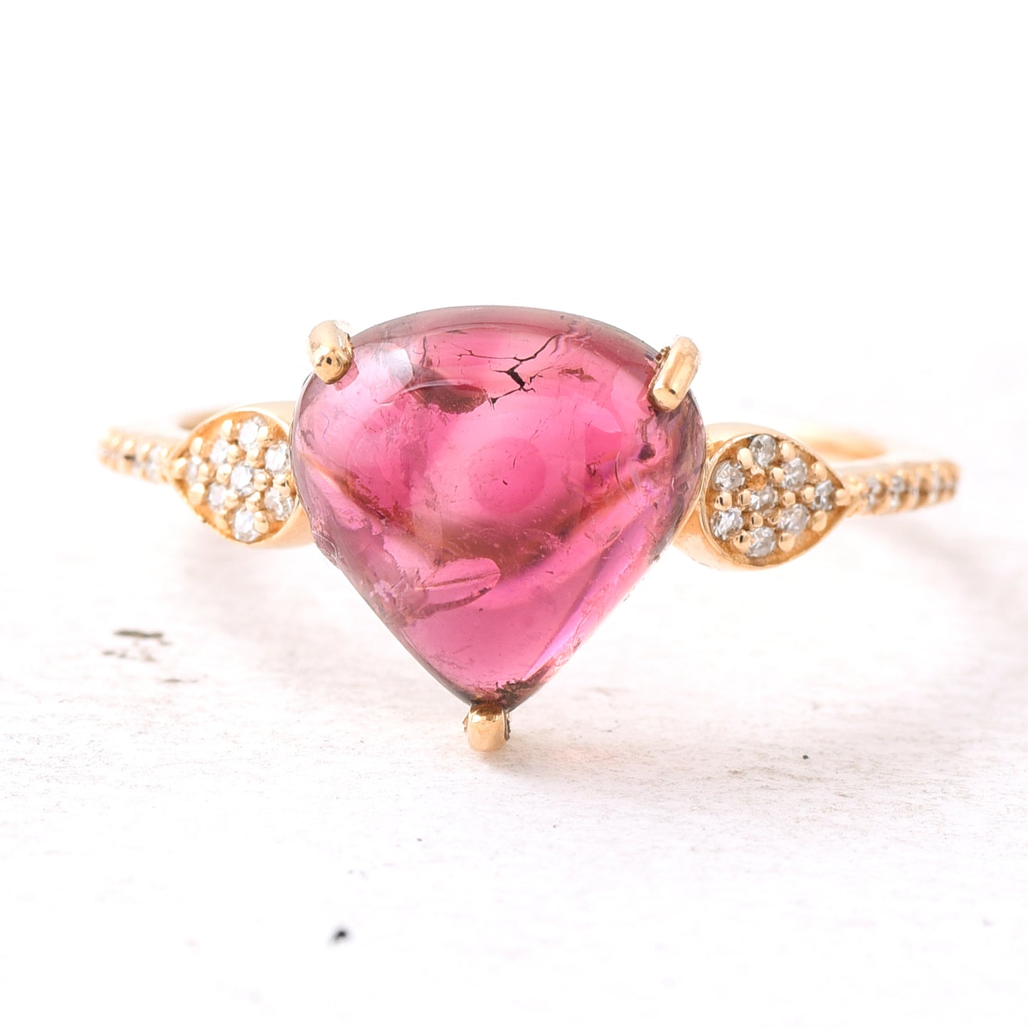 3.49 Ct Pear Cabochon Natural Pink Tourmaline 14K Gold Ring