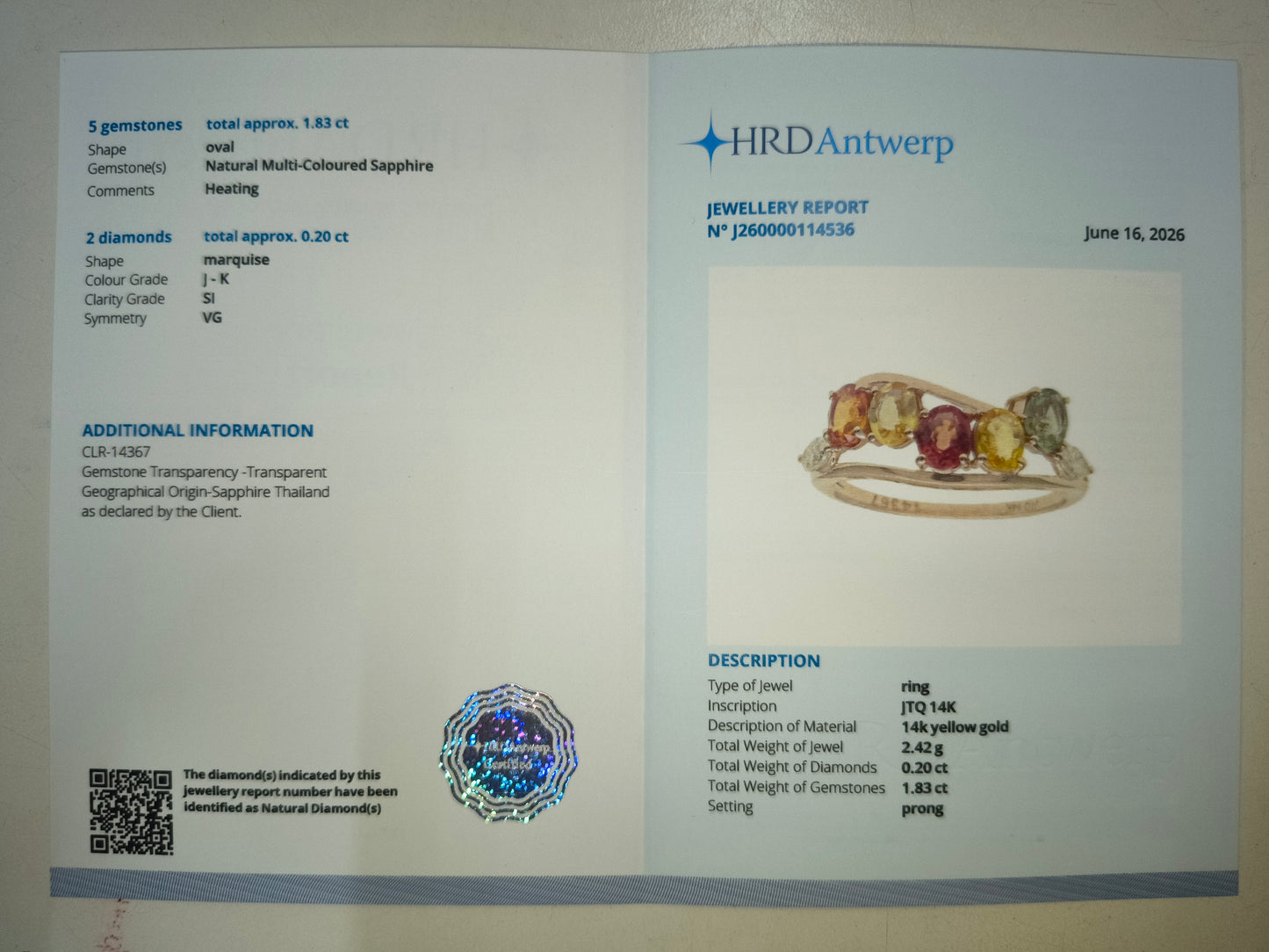 2.03 Ct Oval Natural Multi-Coloured Sapphire 14K Gold Ring