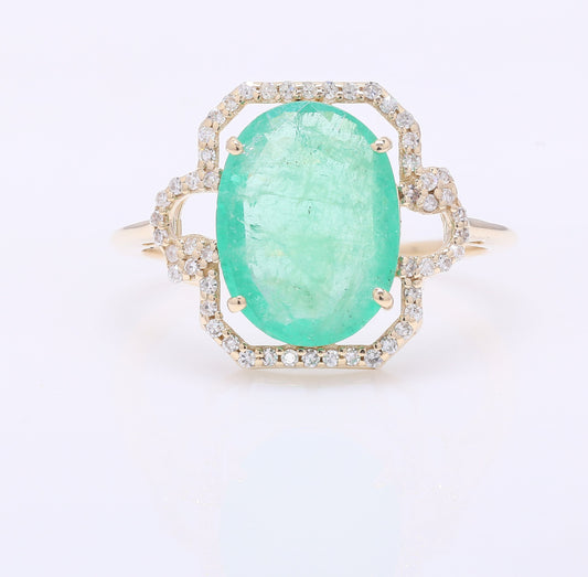 3.02 Ct Oval Mixed Cut Natural Emerald 14K Gold Ring