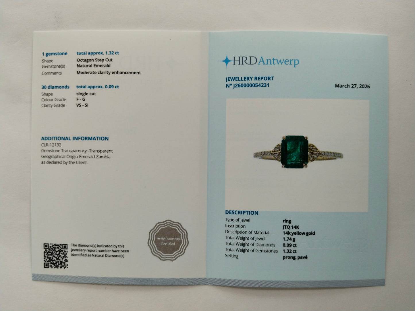 1.41 Ct Octagon Step Cut Natural Emerald 14K Gold Ring