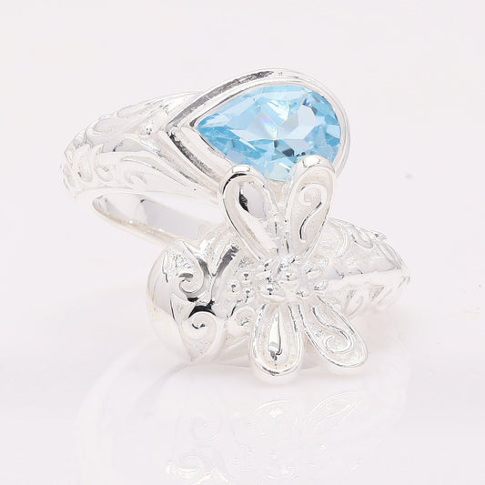1.58 Ct Pear Blue Topaz 925 Silver Ring