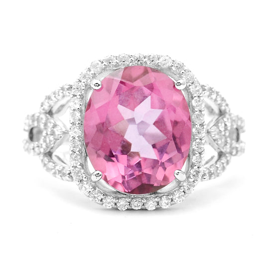 7.18 Ct Oval Pink Topaz, White Zircon 925 Sterling Silver Ring