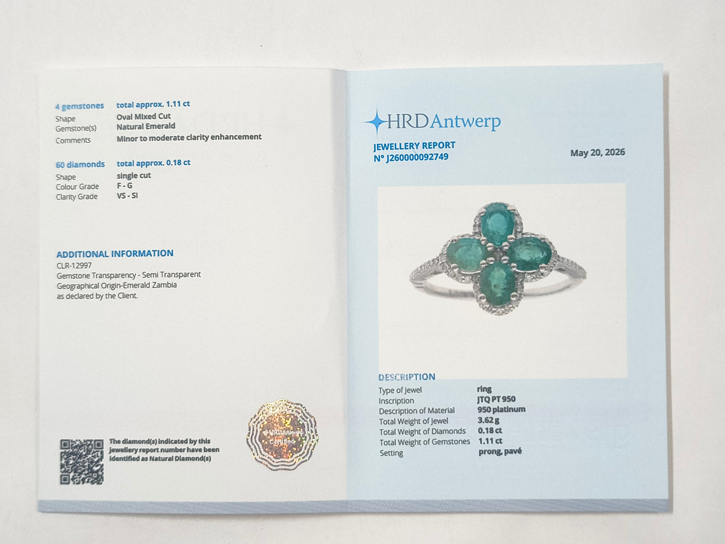 1.29 Ct Oval Emerald 950 Platinum Ring