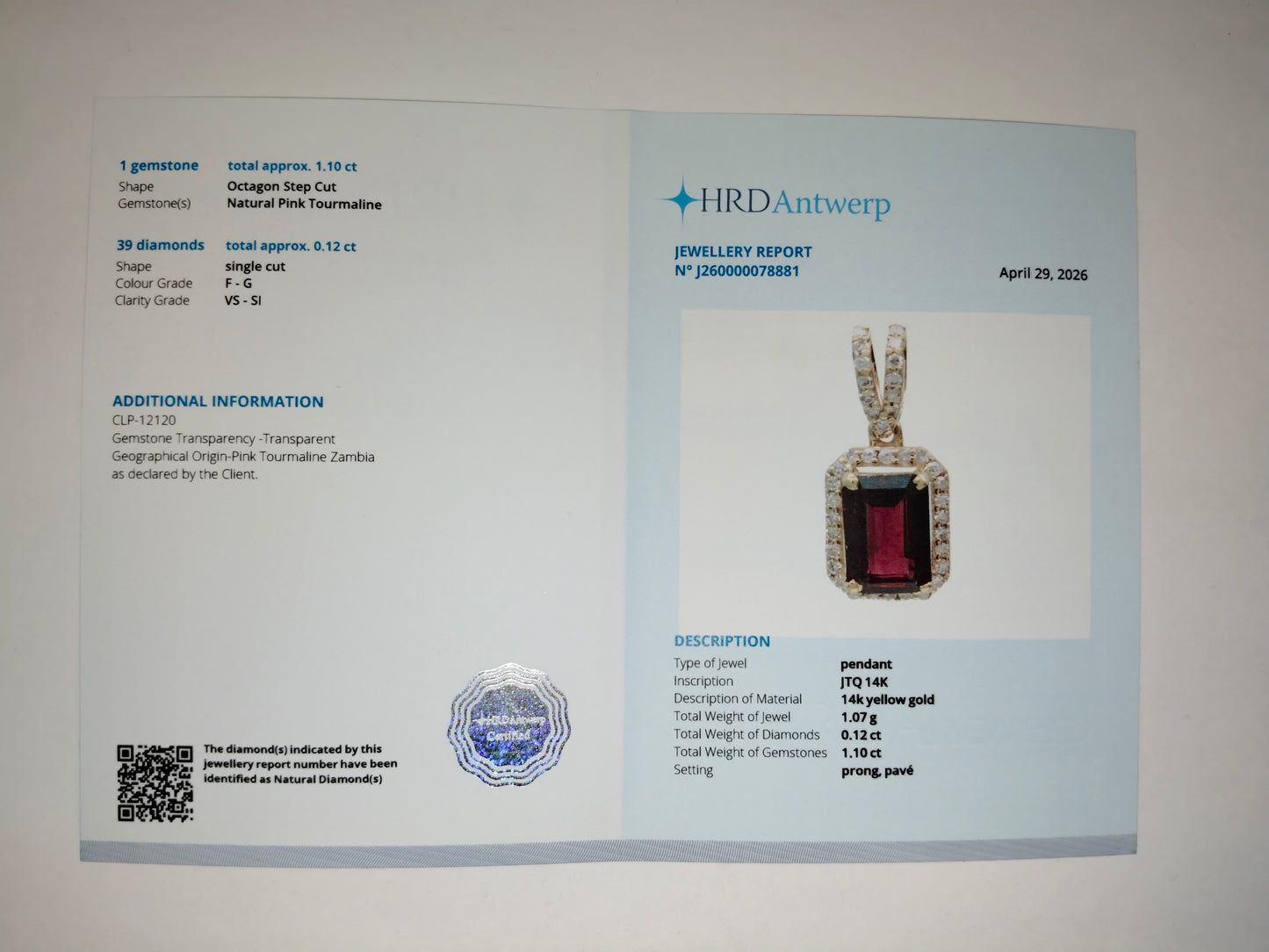 1.22 Ct Octagon Step Cut Natural Pink Tourmaline 14K Gold Pendant