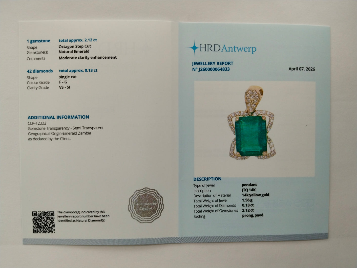 2.25 Ct Octagon Step Cut Natural Emerald 14K Gold Pendant