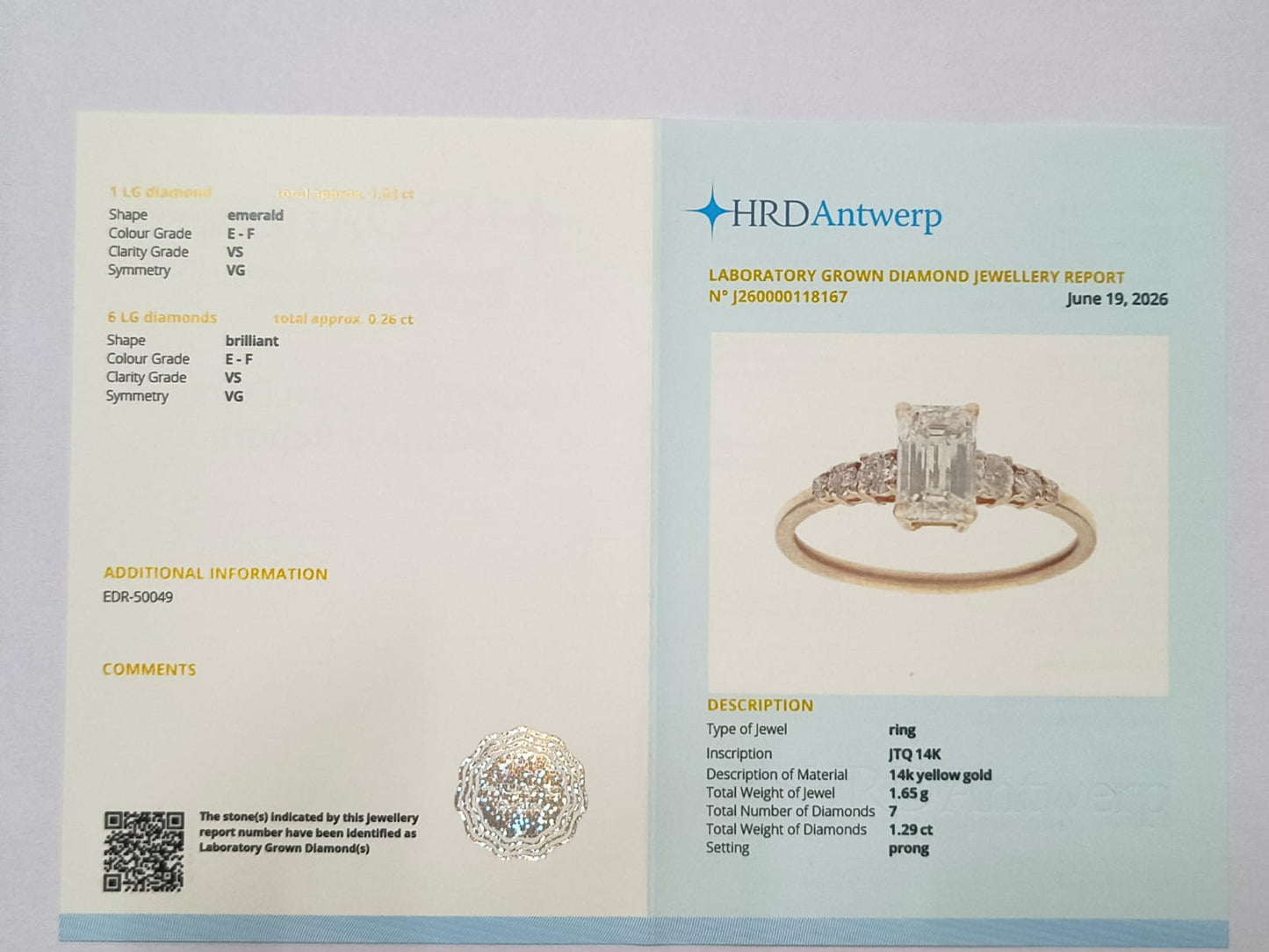 1.29 Ct Octagon Lab Grown Diamond 14K Gold Ring