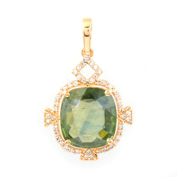 4.45 Ct Cushion Mixed Cut Natural Green Sapphire 14K Gold Pendant