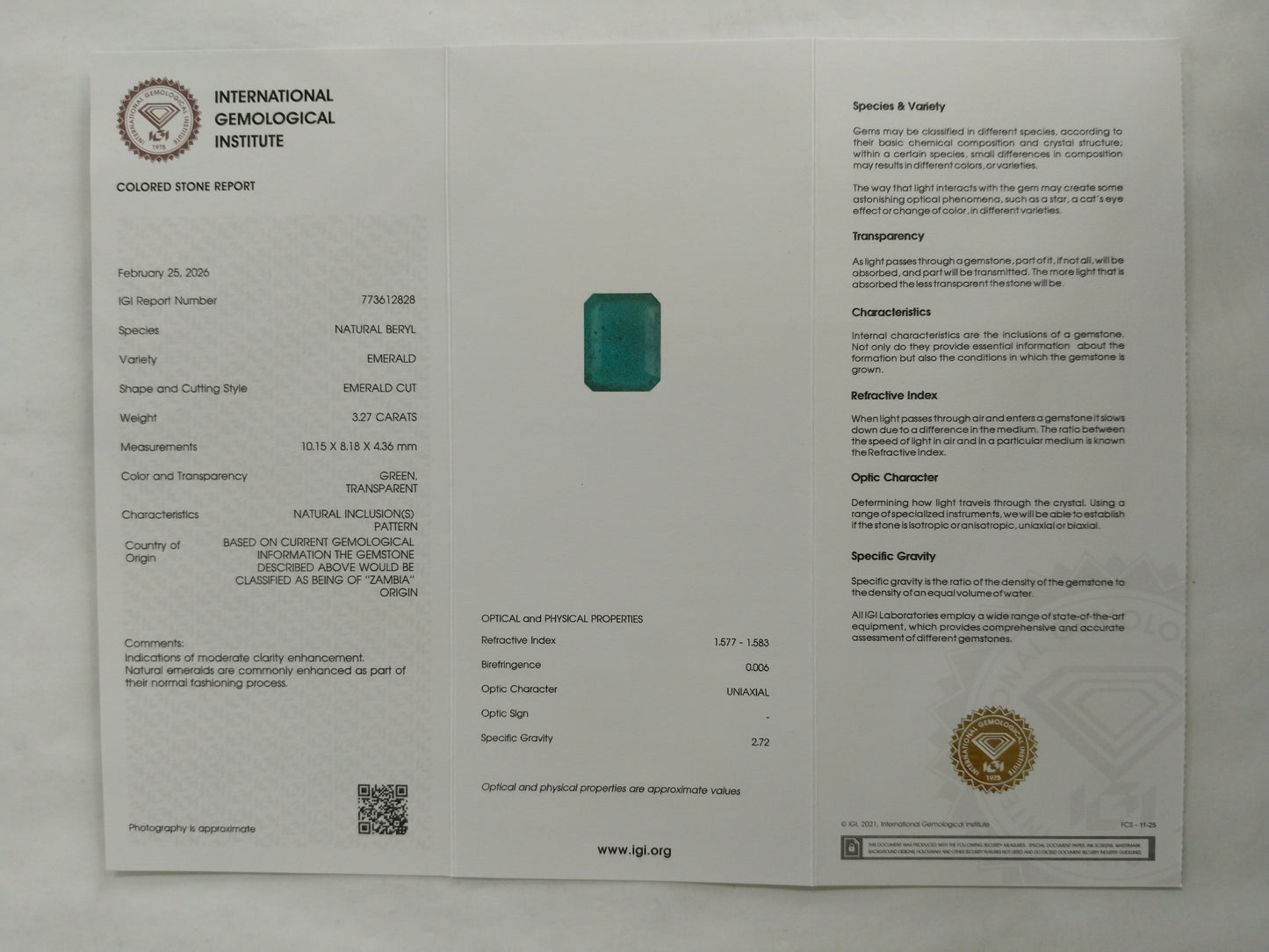 3.27 Natural Beryl Emerald Emerald Cut Gemstone