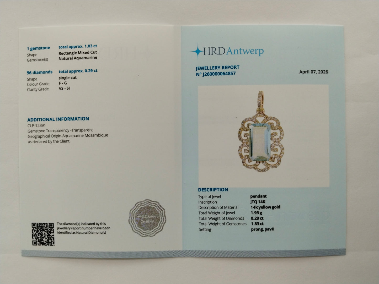 2.12 Ct Rectangle Mixed Cut Natural Aquamarine 14K Gold Pendant