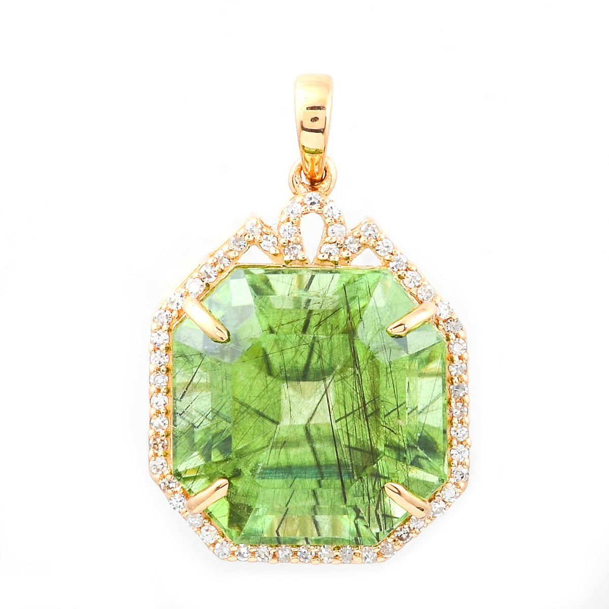 13.74 Ct Octagon Step Cut Natural Peridot 14K Gold Pendant