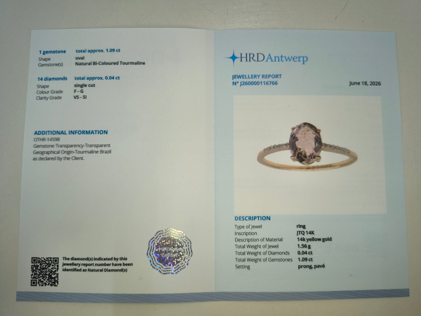 1.13 Ct Oval Natural Bi-Coloured Tourmaline 14K Gold Ring
