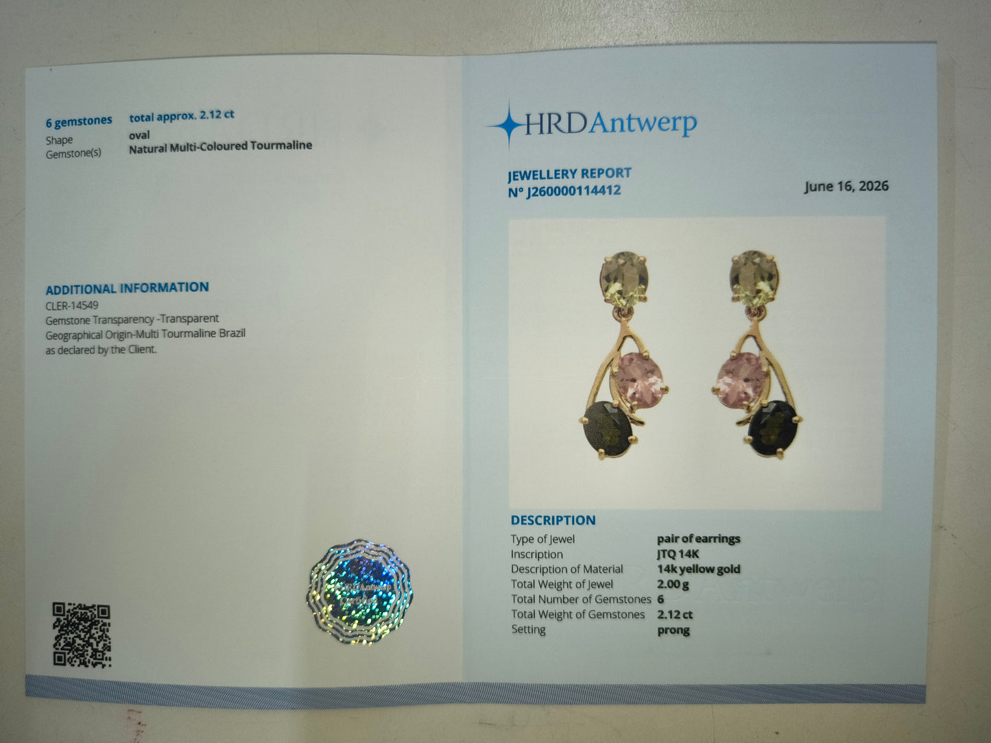 2.12 Ct Oval Natural Multi-Coloured Tourmaline 14K Gold Earrings