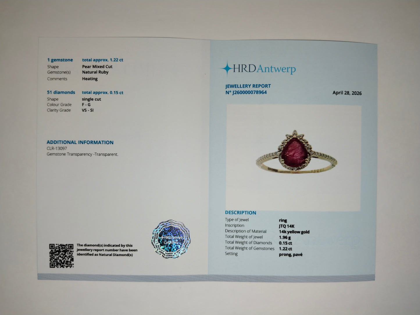 1.37 Ct Pear Mixed Cut Natural Ruby 14K Gold Ring