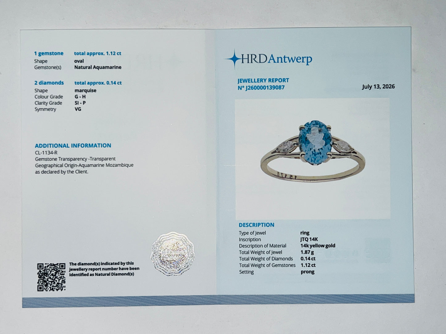 1.26 Ct Oval Natural Aquamarine 14K Gold Ring