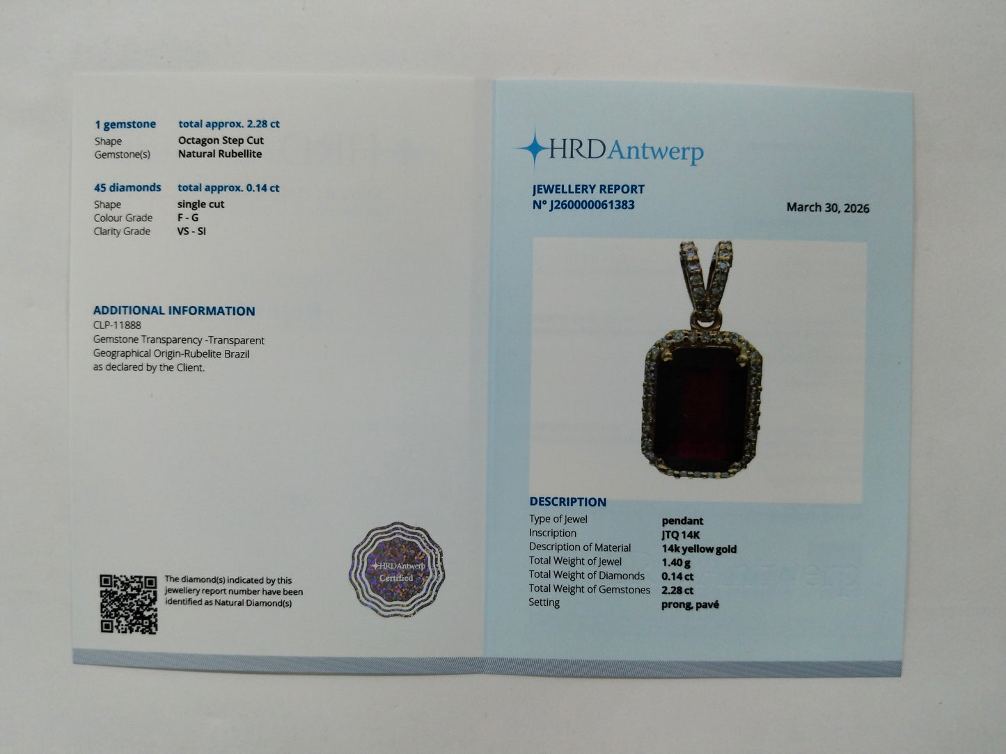 2.42 Ct Octagon Step Cut Natural Rubellite 14K Gold Pendant