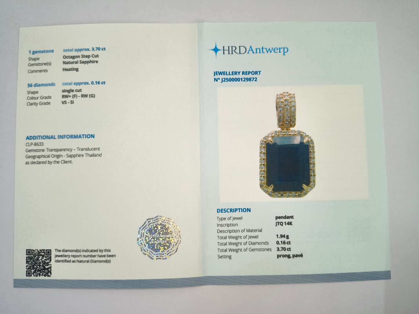 3.86 Ct Octagon Natural Sapphire 14K Gold Pendant