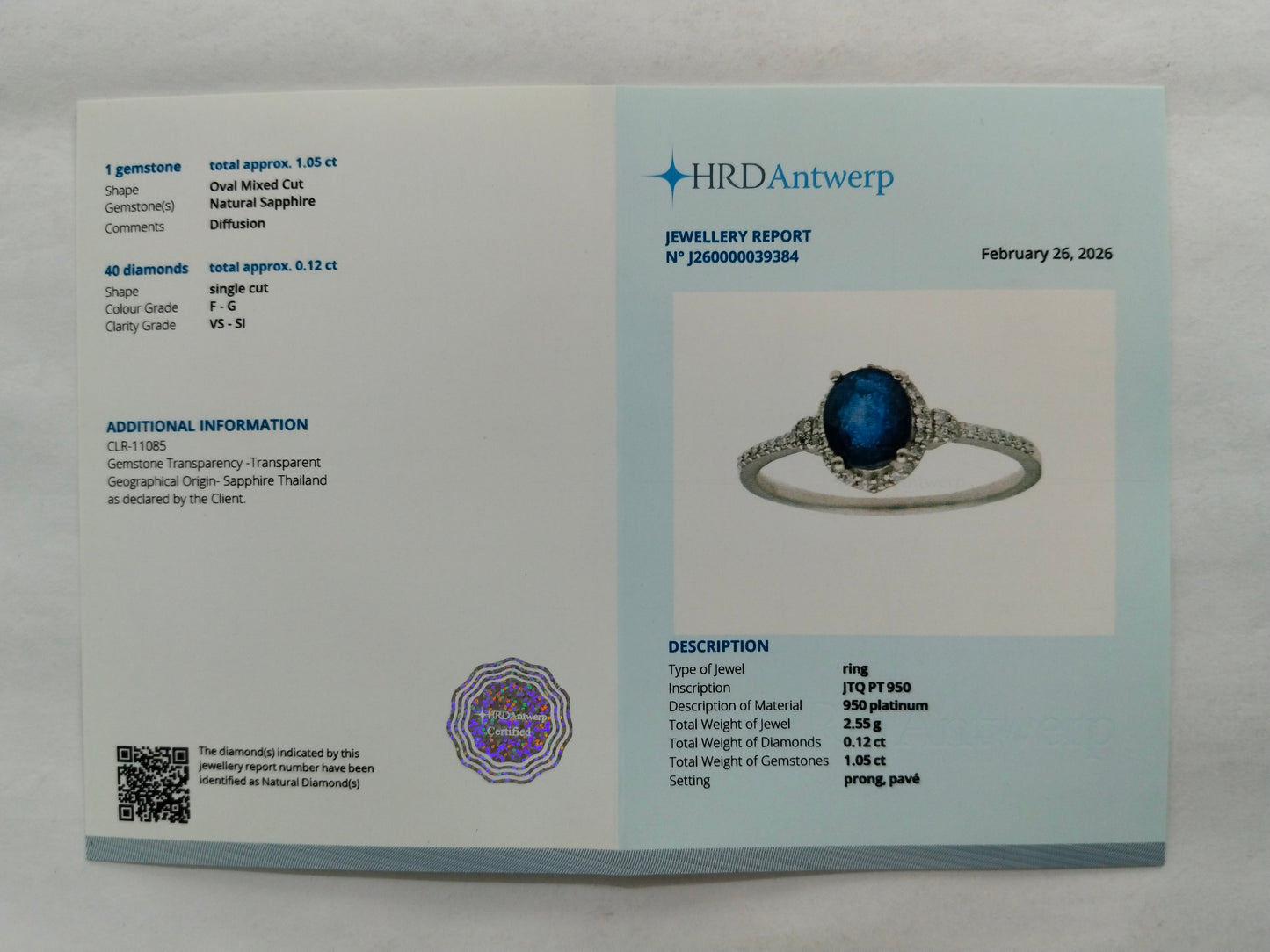 1.17 Ct Oval Mixed Cut Natural Sapphire 950 Platinum Ring