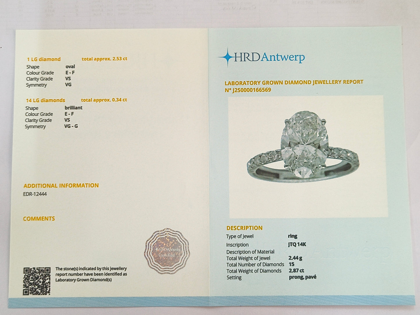 2.87 Carats Lab Grown Diamond 14K Gold Ring