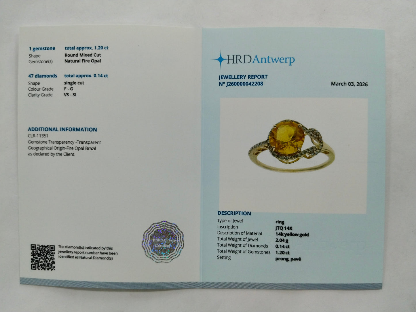 1.34 Ct Round Mixed Cut Natural Fire Opal 14K Gold Ring