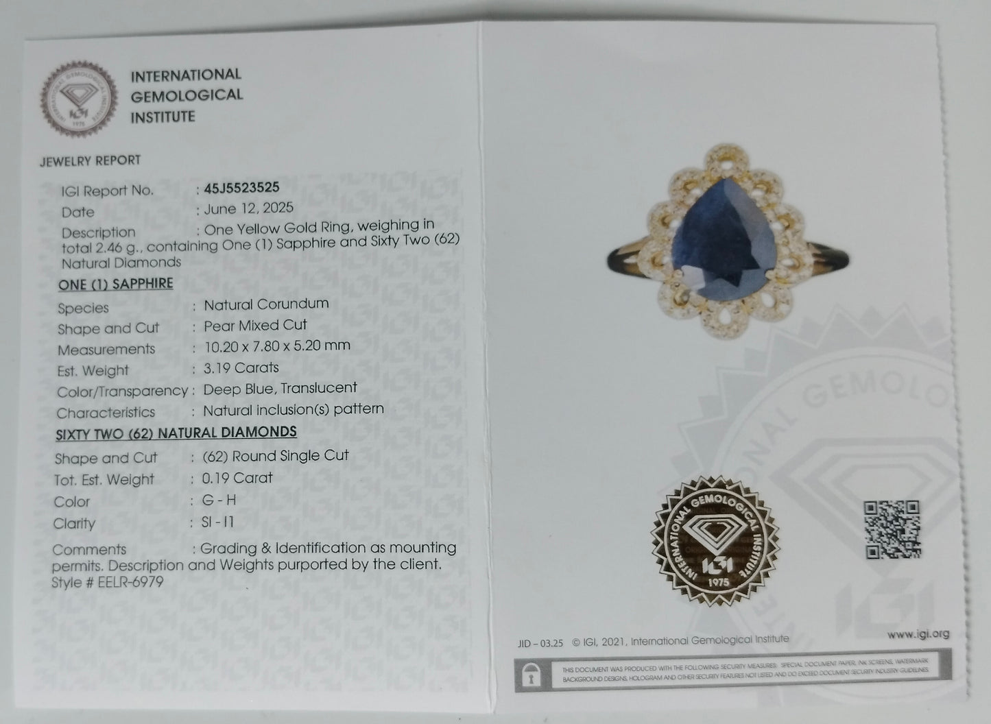 3.38 Ct Pear Mixed Cut Natural Corundum Sapphire 14K Gold Ring