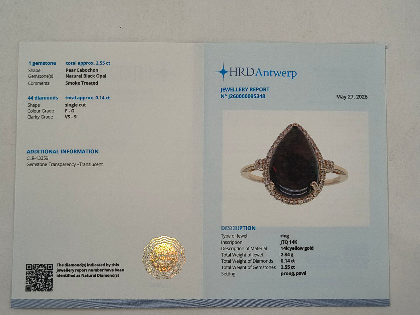2.69 Ct Pear Cabochon Natural Black Opal 14K Gold Ring