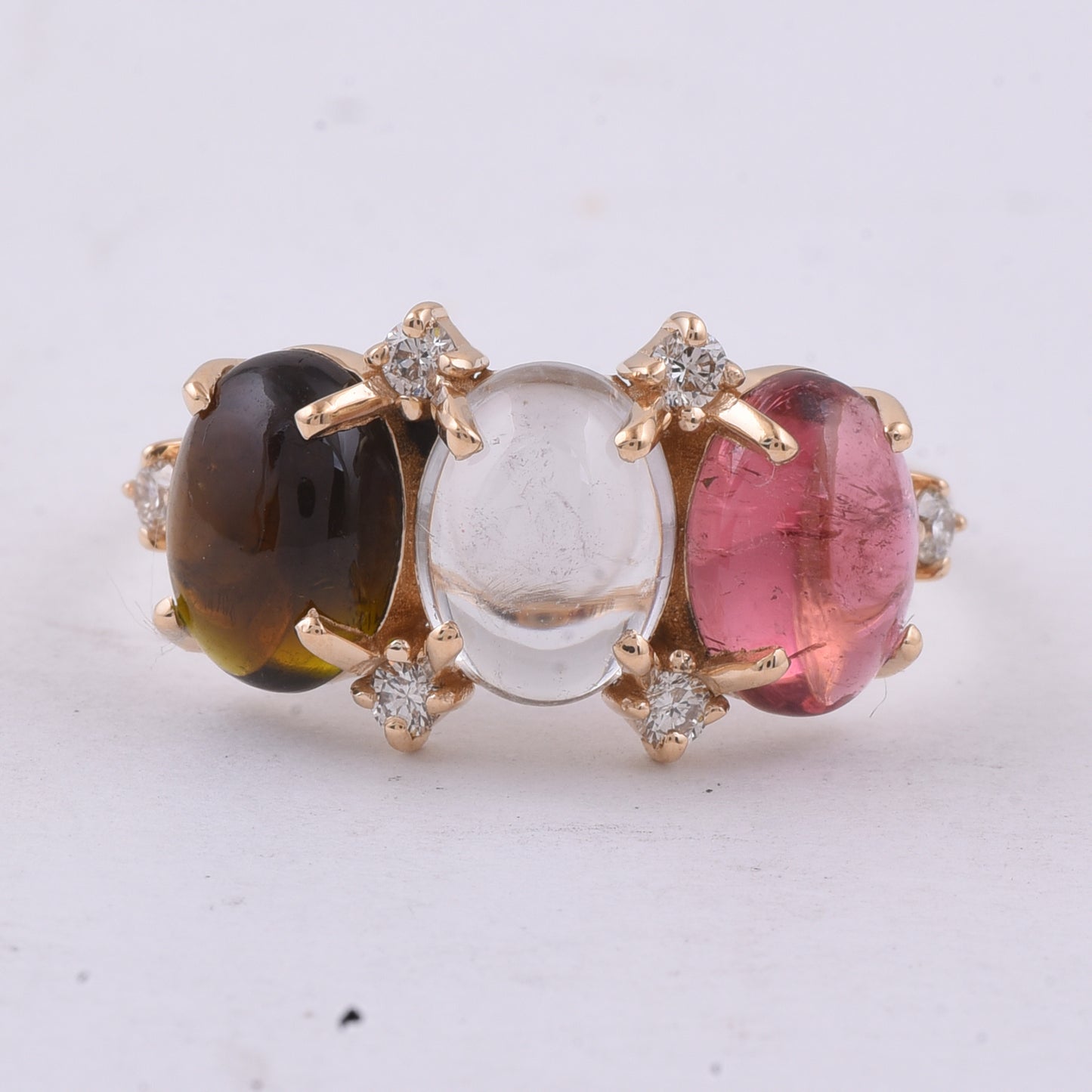4.34 Ct Oval Cabochon Cut Natural Multi-Coloured Tourmaline 14K Gold Ring