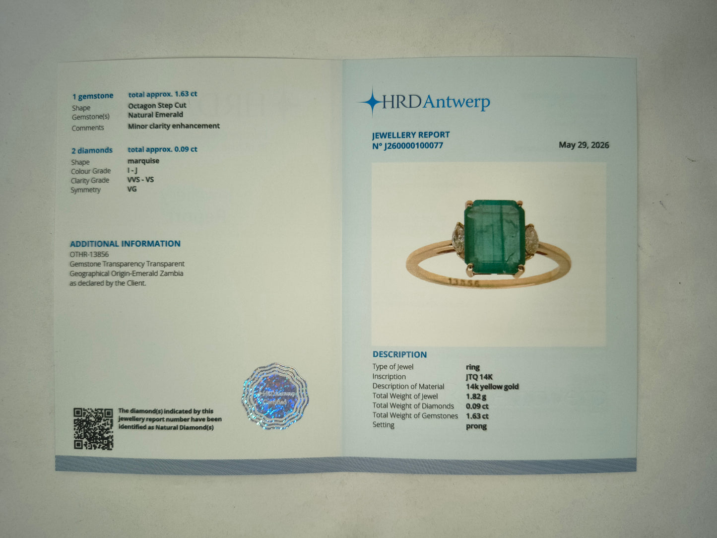 1.72 Ct Octagon Step Cut Natural Emerald 14K Gold Ring