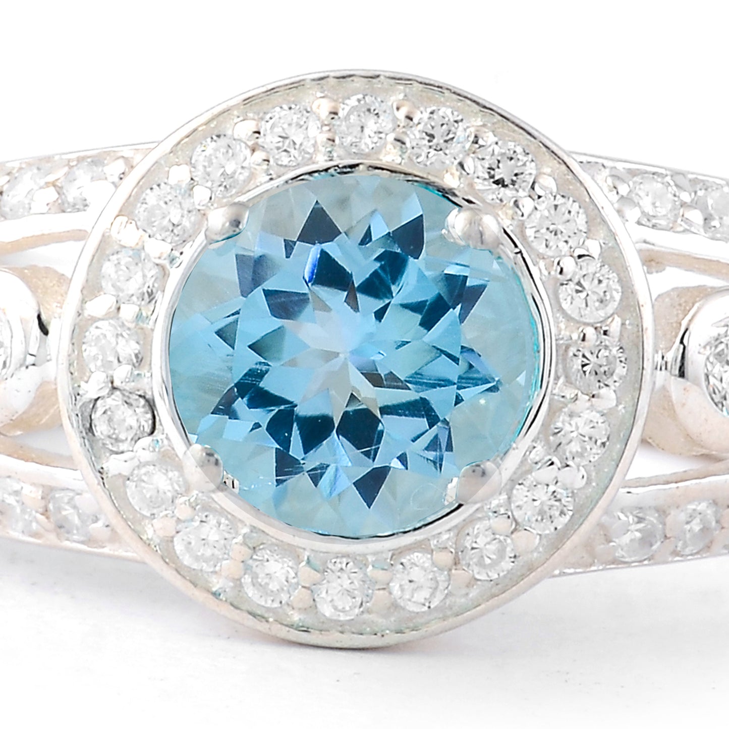 1.73 Ct Round Swiss Blue Topaz, Cubic Zirconia 925 Sterling Silver Ring